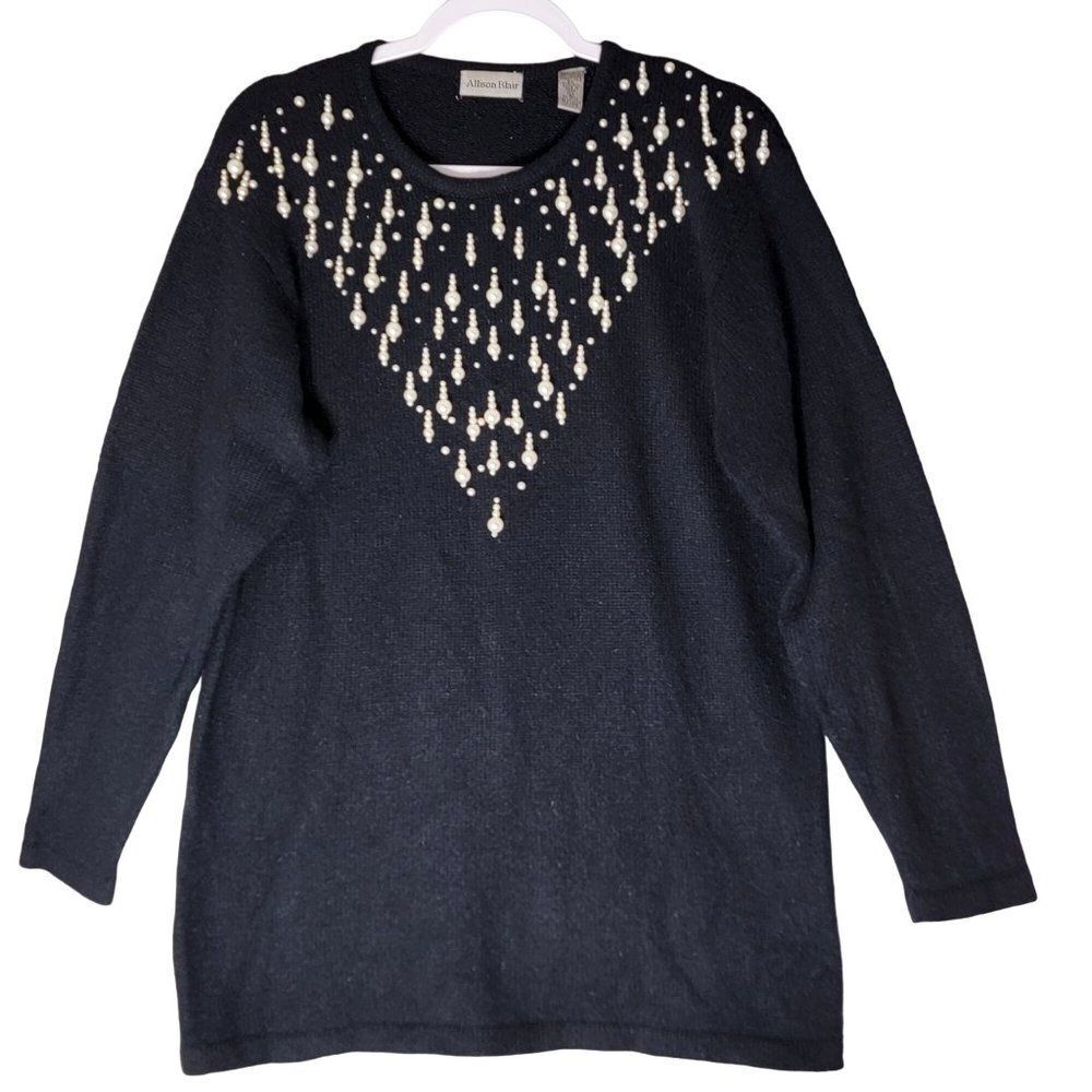 Vintage Allison Blair Pearl Sweater Womens L Silk Angora Lambswool‎ Blend Black